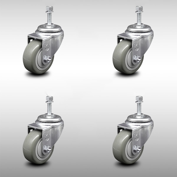 3 Inch SS Gray Polyurethane Wheel Swivel 3/8 Inch Threaded Stem Caster Set SCC